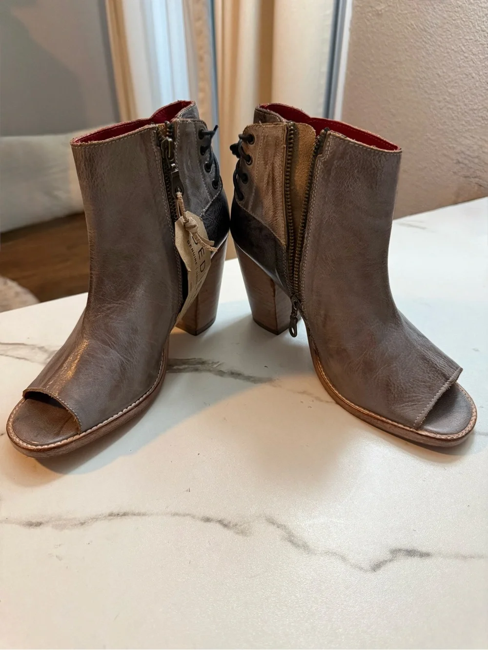 BED|STU Taupe Open-Toe Leather Ankle Booties with Wooden Block Heel